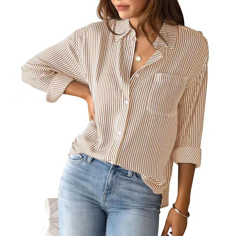 Chic Striped Print Long Sleeve Shirt - Women's Casual Clothing with Pocket and Button Front Perfect for Daily Wear