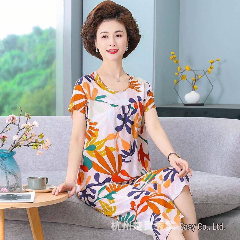 Women's Plus Size Summer Cotton Pajama Set for Middle-Aged & Elderly - Short-Sleeved Homewear Suitable for Outdoor Wear