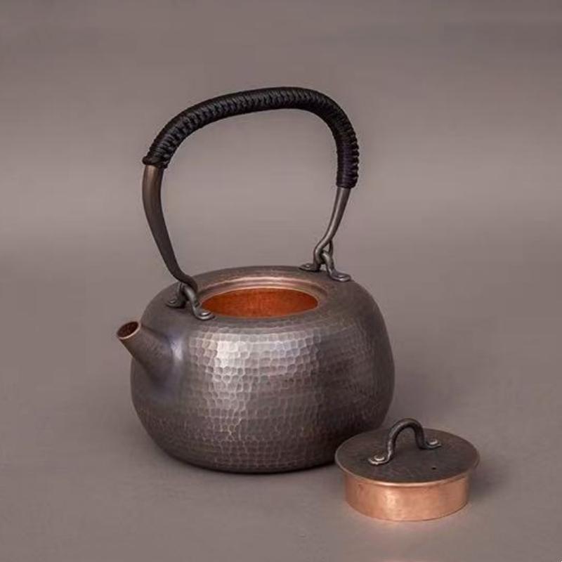 Vintage Thickened Copper Kettle,Handcrafted Hammer Texture Weave With lid Handheld1.5 L Coffee Pot,Heat Resistant Filter Tea Pot