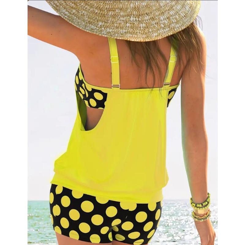 Women's Light Blue Polka Dot Tankini Set Racerback Two Piece Modest Swimsuit with Shorts