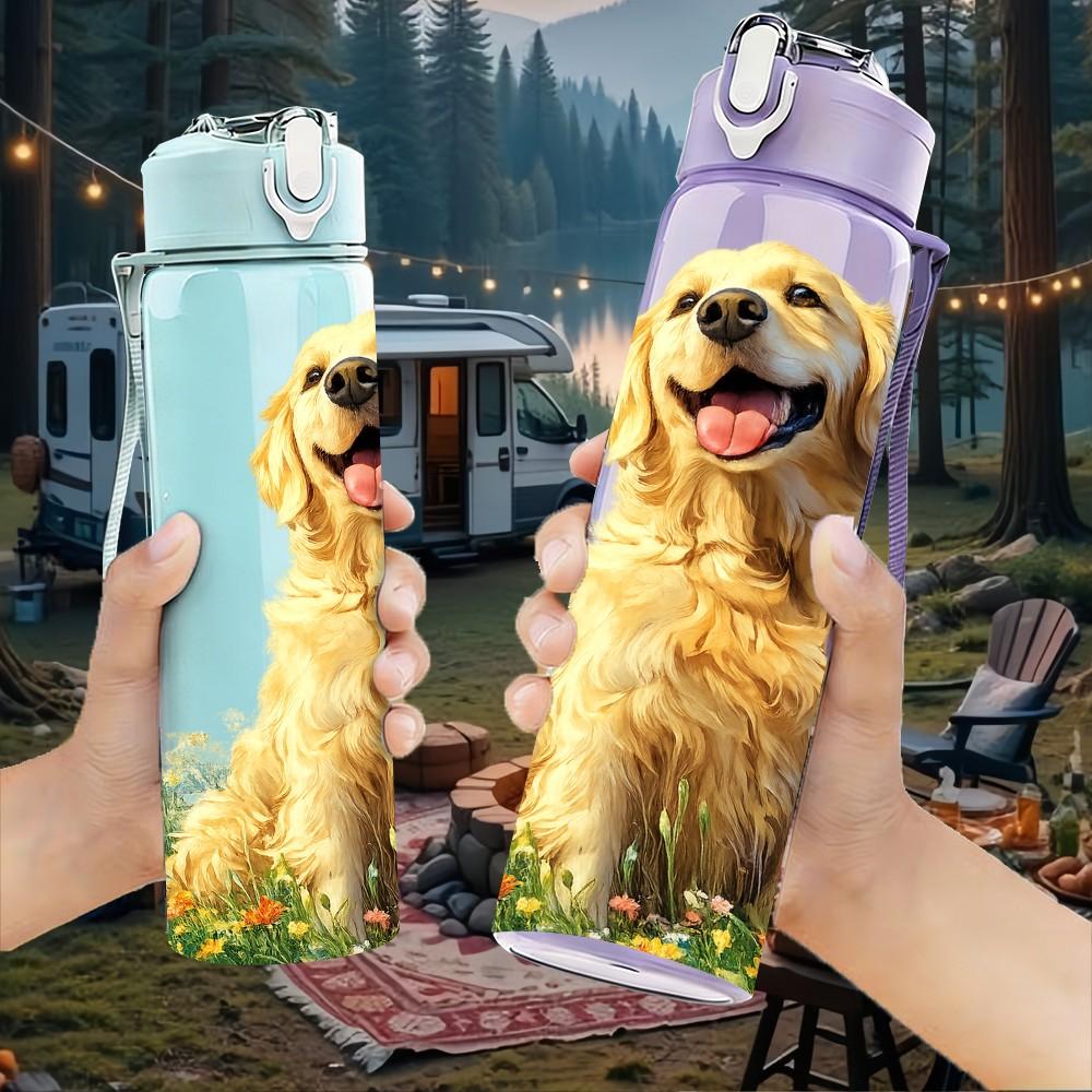 1PC Golden Retriever Puppy 750ml Color Plastic Sports Water Bottle Leakproof Flip Straw Lid Suitable for Sports Office Home Use
