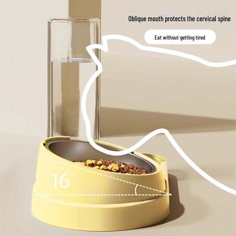 Pet Double Bowl: Automatic Water & Food Bowl for Cats and Dogs, Tilted Design for Easy Feeding.