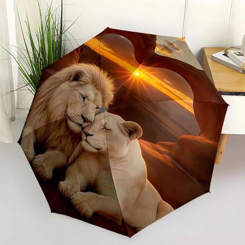 1pc Lion Couple At Sunset Heart-shaped Rock Formation Umbrella with Plastic Handle,Suitable for All Seasons UmbrellaPT570