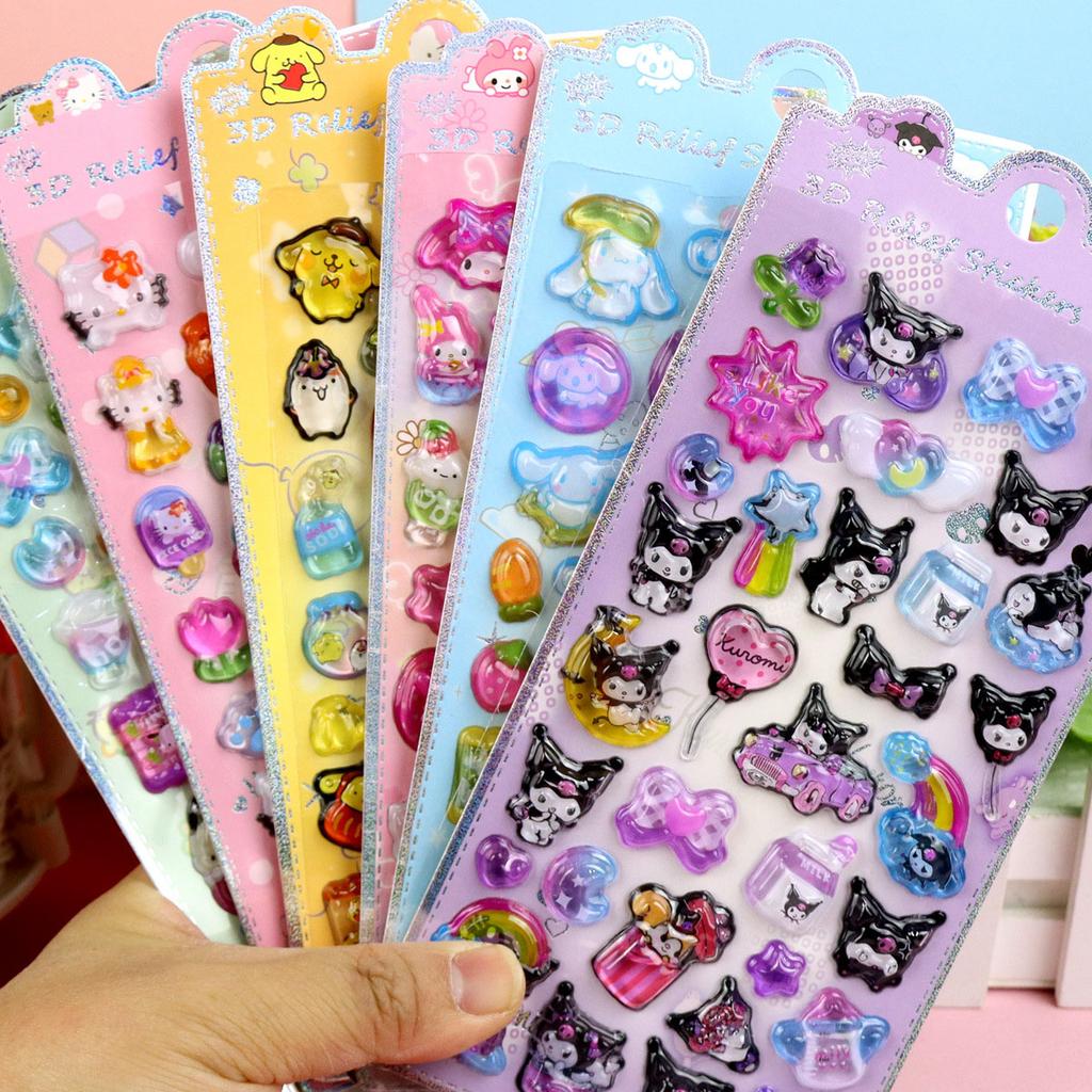1/8Pcs 3D Relief Stickers Sanrio Hello Kitty Kuromi Cute Cartoon Crystal Sticker Handmade Diy Hand Decals Gifts
