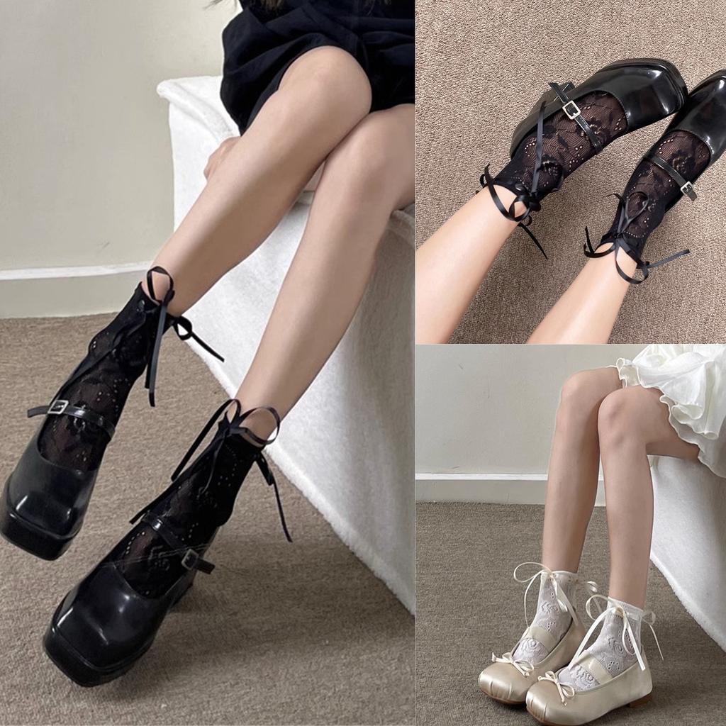 Women Sweet Hollow-Out Floral Lace Ankle Socks Japanese Cute Lace Up Bowknot Crew Socks Solid Color Middle Tube Socks