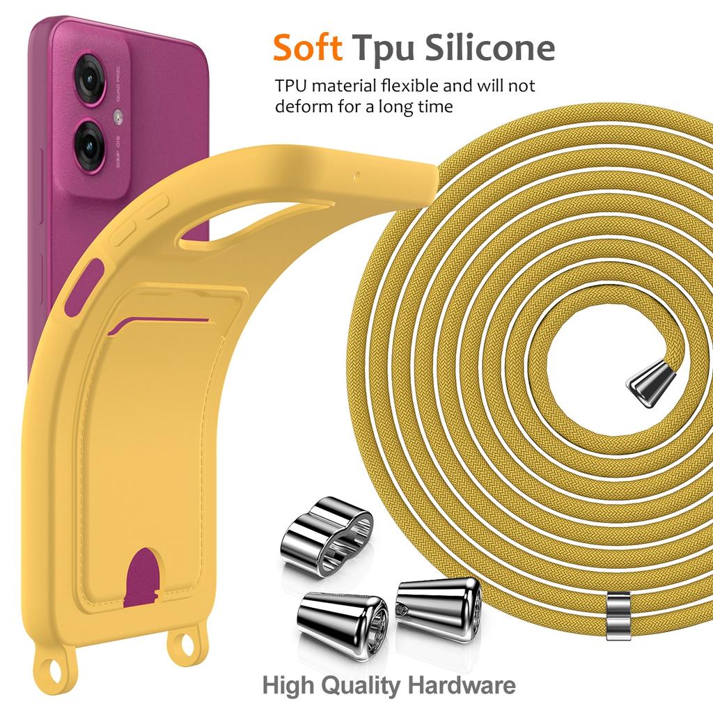 For Motorola Moto G55 5G Case Liquid Silicone Card Holder Back Phone Cover with Lanyard