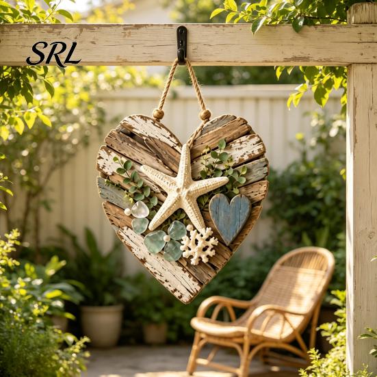 Natural Jute Rope Wall Art Rustic Coastal Heart Shape Hanging Ornament with LED Light, Distressed Farmhouse Pendant Driftwood Sign Wood Beads