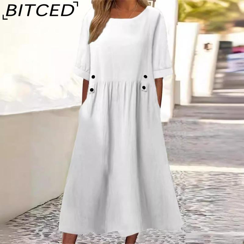 

BITCED Женское свободное платье миди с двойными карманами, декором из пуговиц, круглым вырезом и коротким рукавом, летнее бохо-платье в стиле рабочей одежды S белый