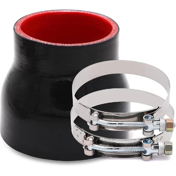 3 To 4 Inches Straight Black Silicone Reducer Coupler With 2 T-Bolt Clamps 4 Layers Of Polyester Reinforcement Suitable High Level Turbo Pipe