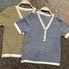 Fashion Summer Temperament Versatile Striped V-neck Pearl Buttons Short Paragraph Short-sleeved Knit Shirt Tops Female Casual Slim Fit Pullovers Tees