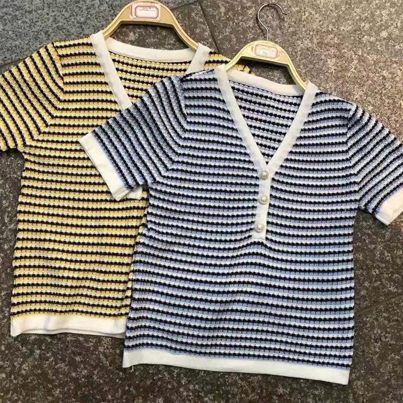 Fashion Summer Temperament Versatile Striped V-neck Pearl Buttons Short Paragraph Short-sleeved Knit Shirt Tops Female Casual Slim Fit Pullovers Tees