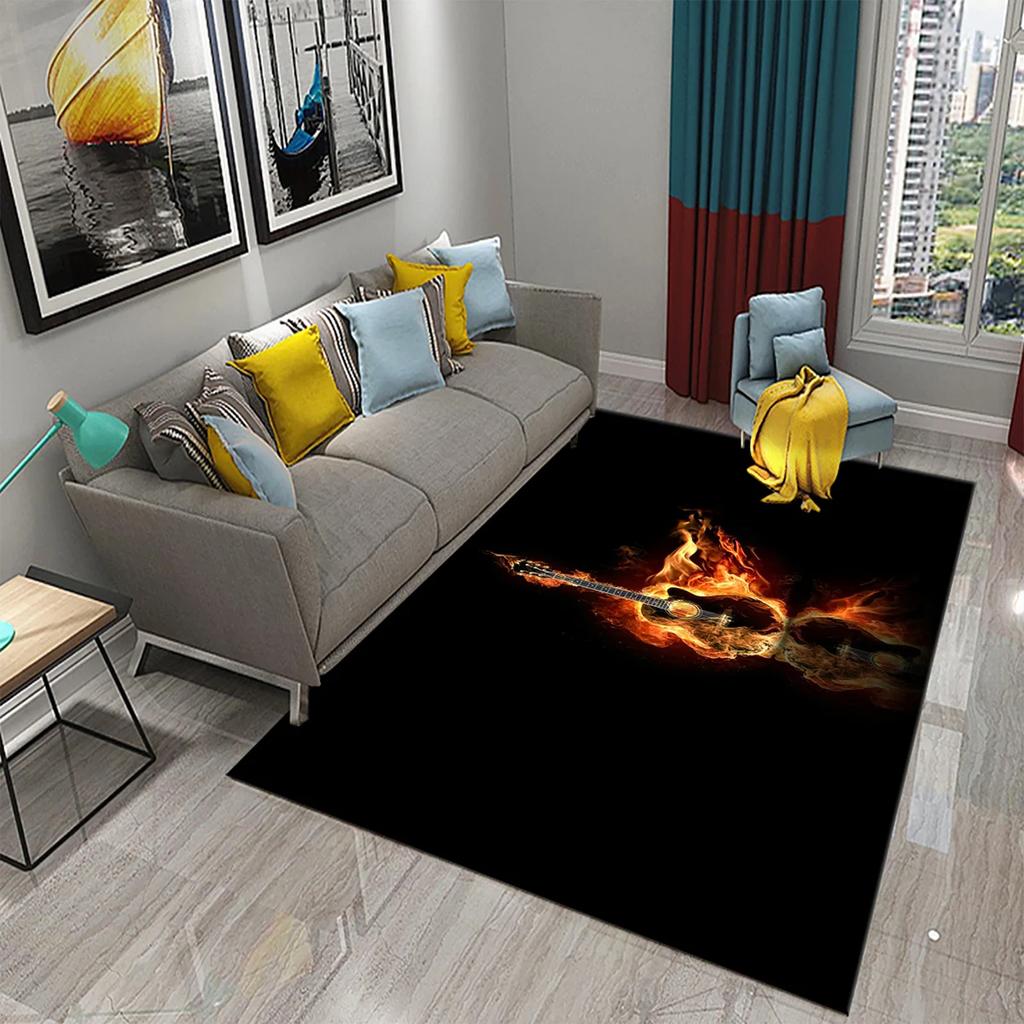 3D Water and Fire Guitar Carpet Music Enthusiast Carpets for Living Room Bedroom Decoration Kitchen Bathroom Non-slip Floor Mats