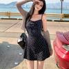 Blue Sexy Vacation Wind Floral Lace-up Suspender Dress Women's Small Summer Waist A-word Short Skirt