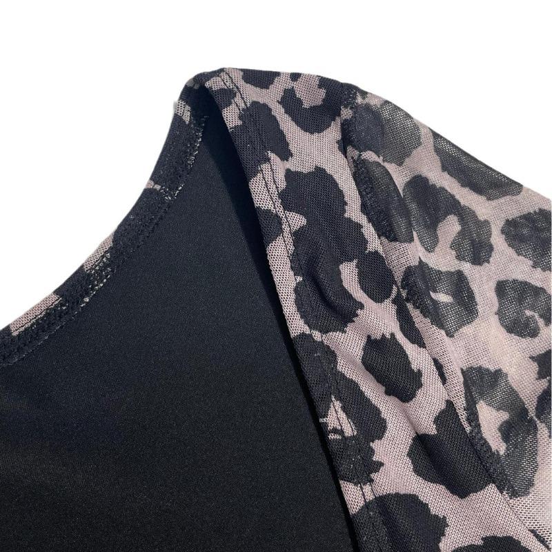 Women's Leopard Print Sheer Mesh Long Sleeve Bodycon Mini Dress