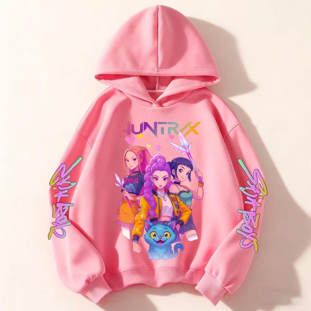 

Милая толстовка с капюшоном для девочек, теплая, Rumi, K-pop, охотник на демонов, мультяшная, детская, волна, модная, повседневные топы, повседневная одежда черного и розового цвета 130