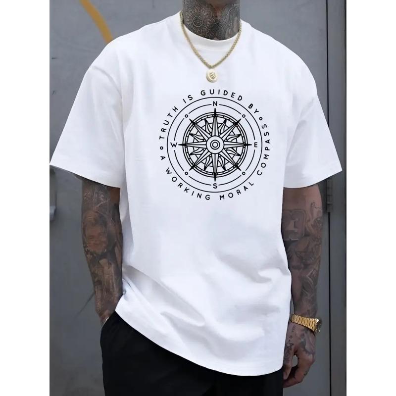 European sizes Men's T-Shirt with Compass Philosophy Design, True Reason for Work and Moral Compass Guidance - Summer Casual Short-Sleeved Tee