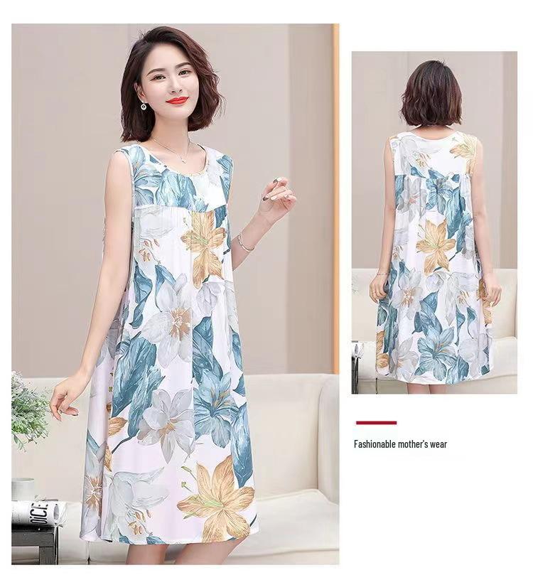 Plus Size Sleeveless Cotton Rayon Dress for Middle-Aged Women