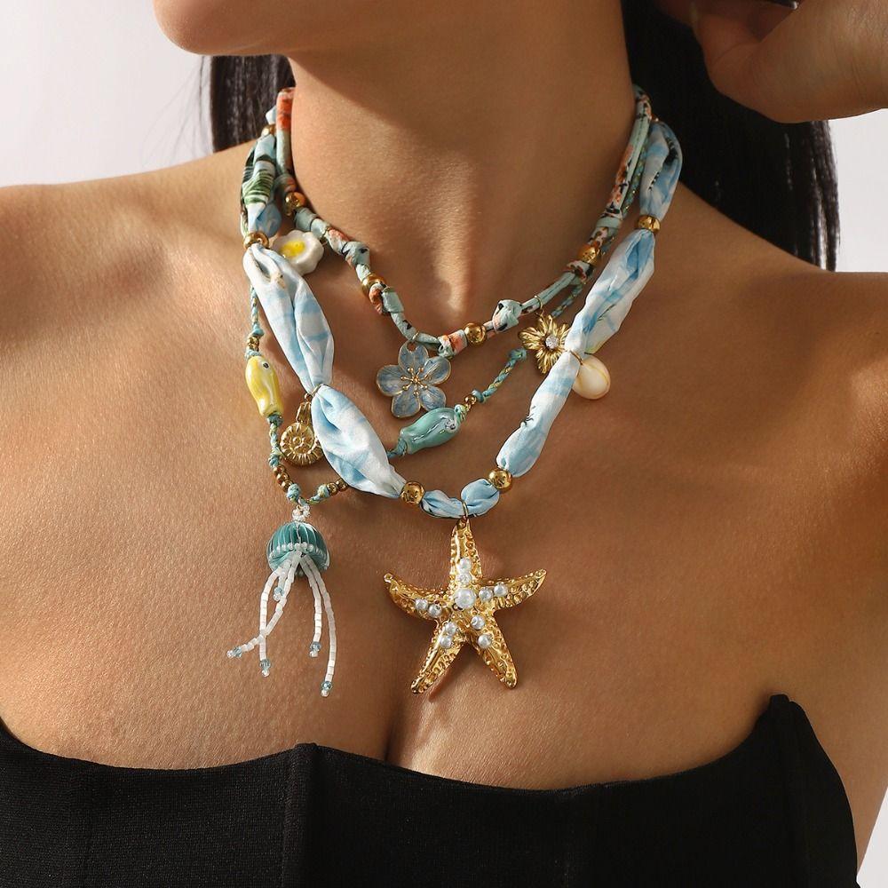 Flower Beach Ocean Series Necklace Jelly Fish Blue Bead Necklace  Girls