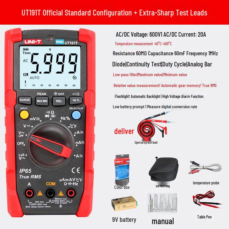 UNI-T UT191T High-Precision Digital Multimeter - Multifunctional, Auto-ranging, Anti-burn Electrician's Tool with Digital Display