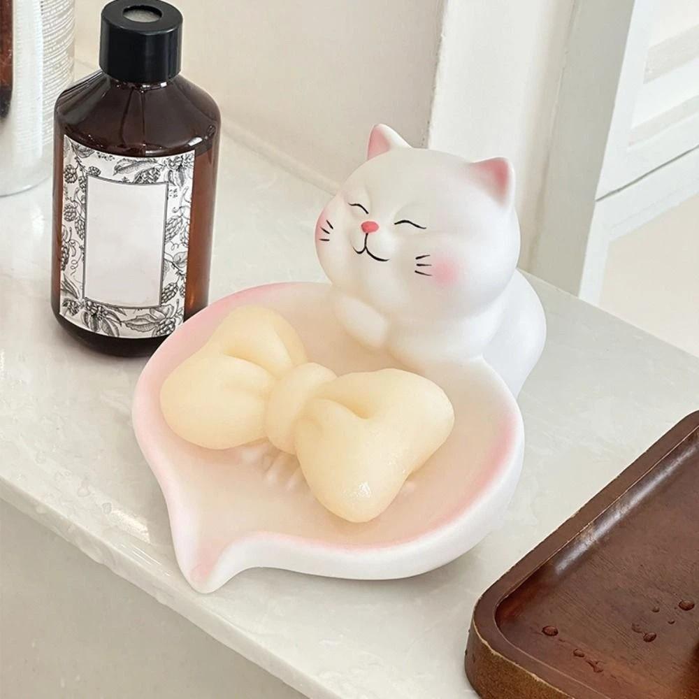 Pastel Pink White Cat Soap Dish With Drainage Soap Container Lucky Cat Soap Case  Household Use