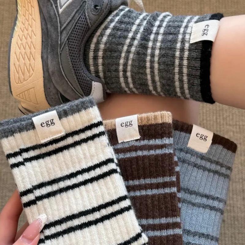 Korean Egg Cloth Label Warm Striped Socks Sheep Wool Mid-Leg Socks Women Versatile Atmosphere Stacked Socks