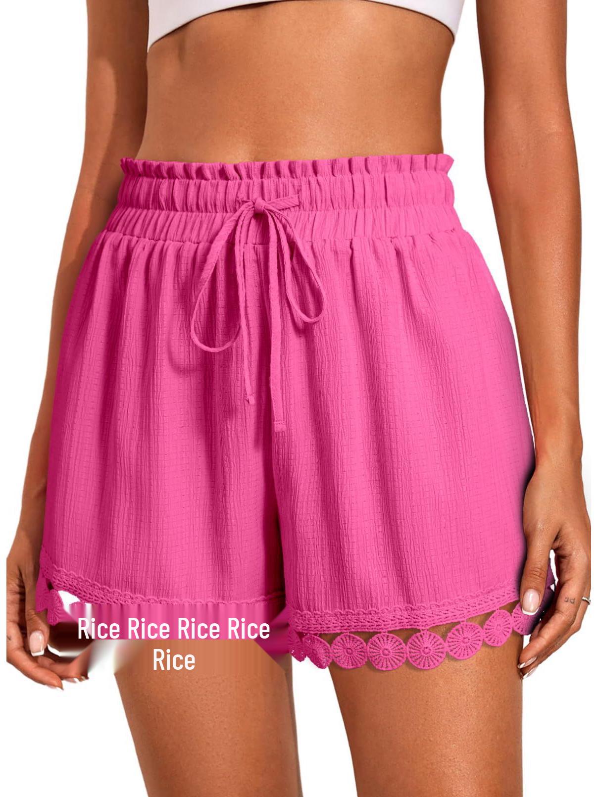 

2026 Spring/Summer Women s Lace Trim Solid Color Casual Drawstring Shorts Extra Large