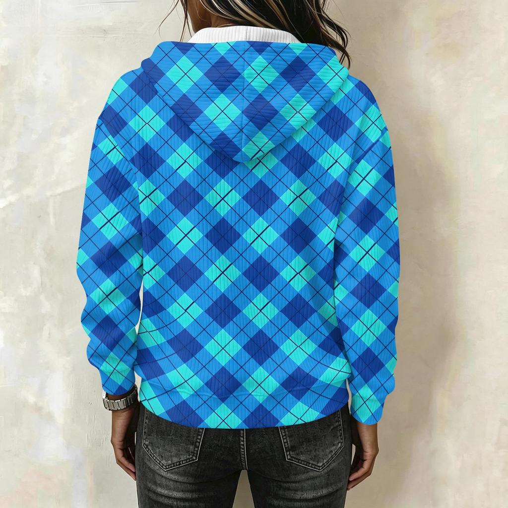 Women's Long Sleeve Pullover Hoodie with Plaid Print and Drawstring Casual Top