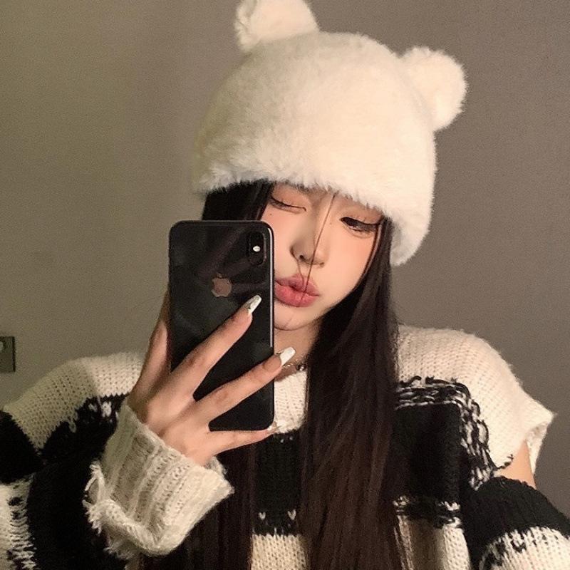New Bear Plush Hat Female Cute Wool Warm Fluffy Big Head Circumference Knitted Cold Hat Autumn and Winter