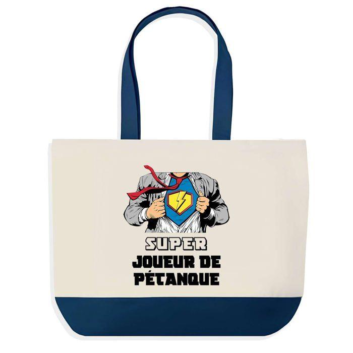 Tote bag - PLANETEE - Super Joueur de Pétanque - Coton 40x45 cm - Fond bleu - Grand format