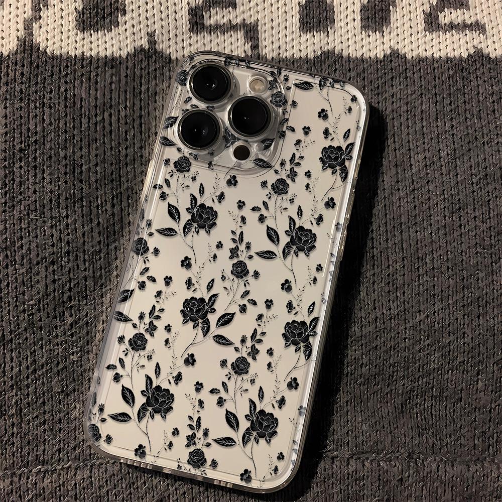

Vintage Black Rose Floral Clear Pattern Design Protective Cover for iPhone 17 16 15 14 13 12 11 16E Series Pro Max Plus iphone 14 Plus