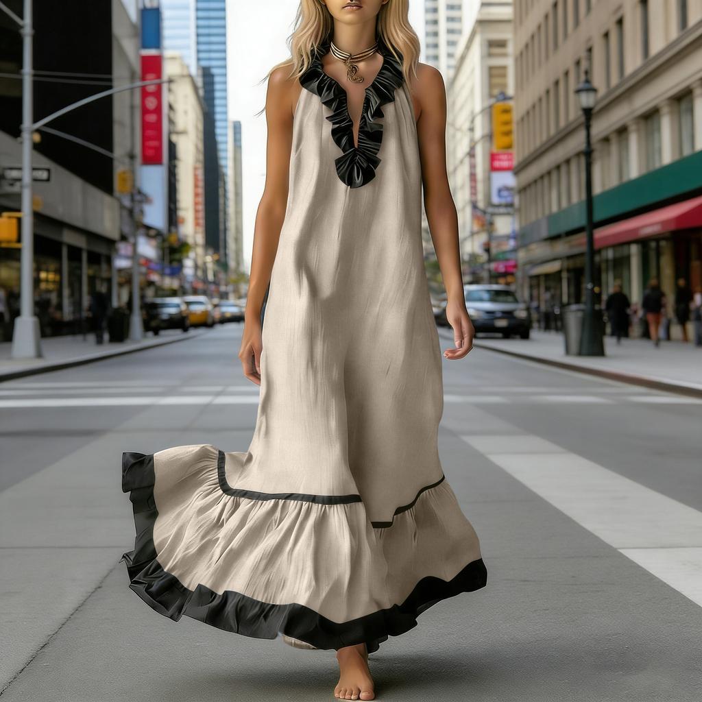 Women’s Fashion Ruffle V Neck Sleeveless Maxi Dress with Trim Relaxed Fit Flowy Vacation Style Dress for Casual Wear
