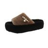 Fashion Aphixta Luxury Pearl Plush Furry Slipper Black Concise Women Indoor Bedroom Slippers Flat Heel Hair Slippers Round Toe Footwear