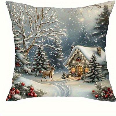 Home Decor Snowy Cottages, Santa & Deer Christmas Pillow Covers Pattern Cushion Cover Suitable For Sofa Bedroom Car Pillow Cover