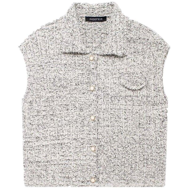 Fashion Style 2024 Autumn New Women's Sleeveless White with Lapel Knitwear Cardigan Top 6236105