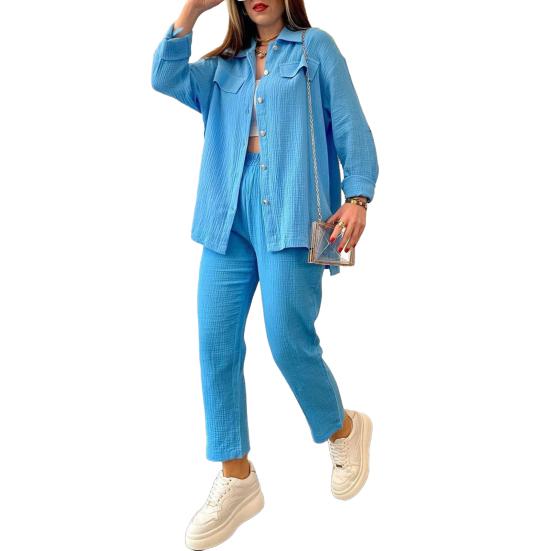 Summer 2 Piece Outfit for Women Oversized Button Down Long Sleeve Shirt And Cropped Pants Set Casual Loungewear Tracksuit