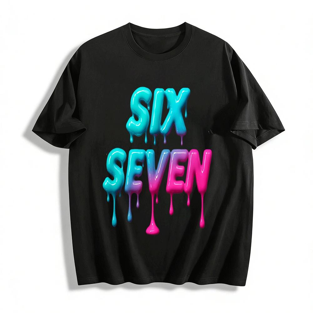 Gradient Fluid Letter SIX SEVEN Trendy Print Casual Short Sleeve T-Shirt Pure cotton T-shirt XXS