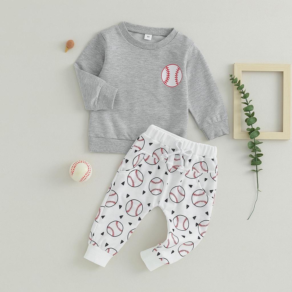 Kids Boys Fall Outfits 12M 18M 24M 3Y 4Y 5Y Baseball Print Crew Neck Long Sleeve Sweatshirts and Elastic Waist Long Pants 2Pcs Clothes Set