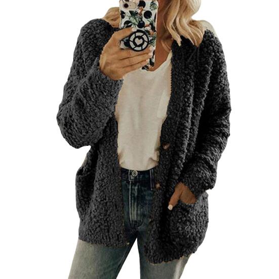 Damen Pullover Mantel Langarm Kragenlos Strickjacke mit Taschen Locker Geschnitten Uni