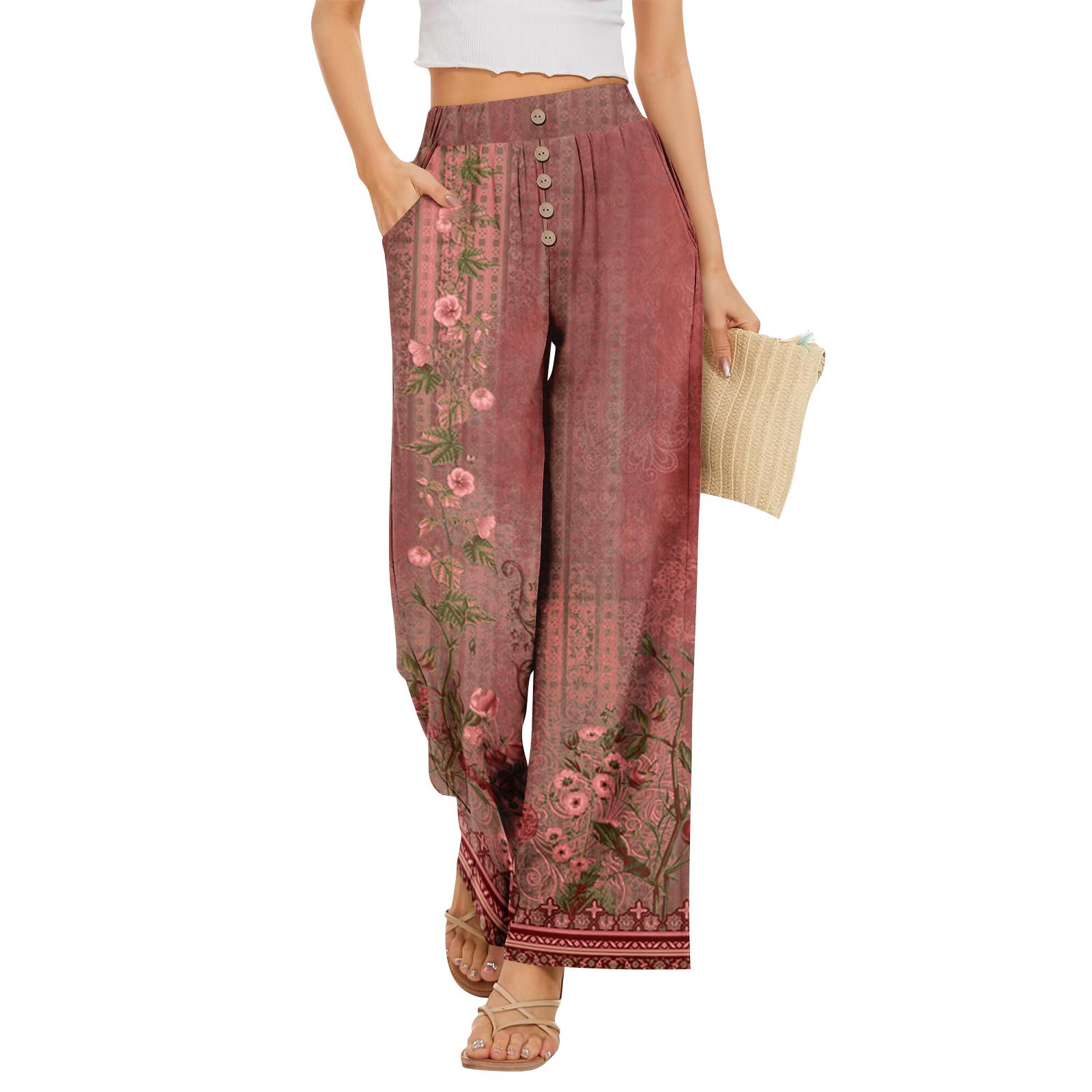 

Women Summer Boho Palazzo Pants High Waist Wide Leg Floral Printing Casual Trousers With Pockets XL винний