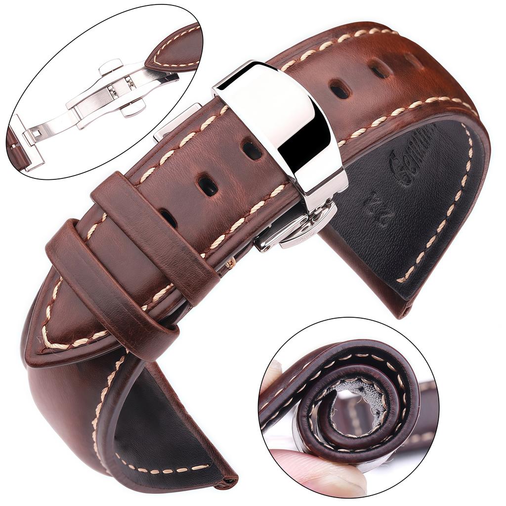 Quick Release Crazy Horse Oil Wax Leather Watch Band Vintage Cowhide Strap Butterfly Deployment Buckle 18mm 20mm 22mm 24mm