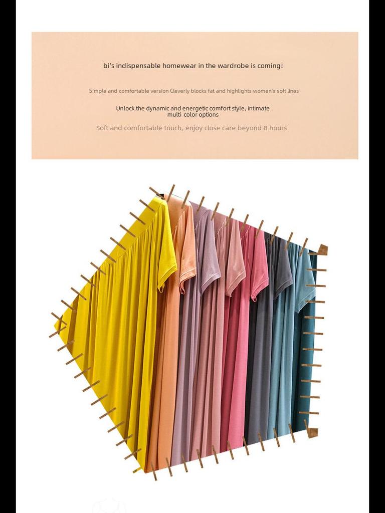 Modal Summer Nightdress - Plus Size, Casual, Short-Sleeved, V-Neck, Pleated Long Skirt