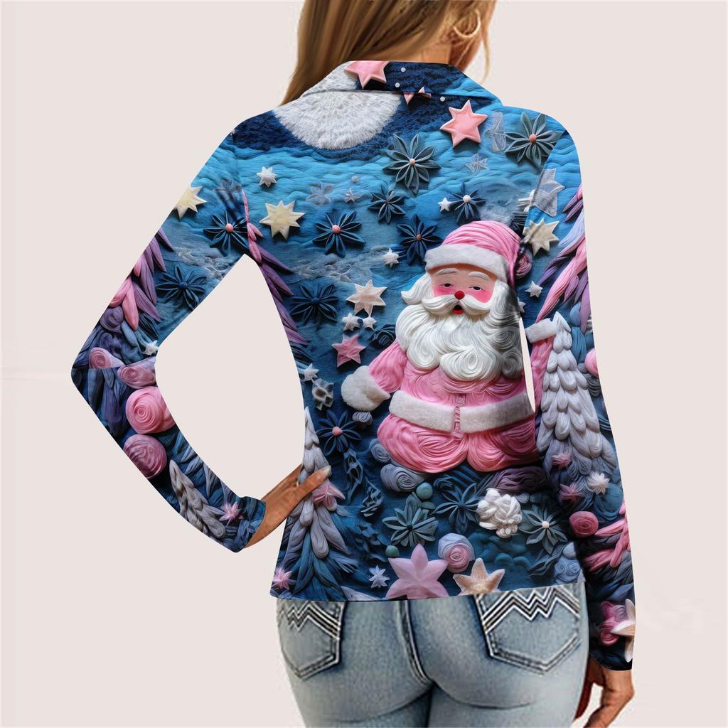 Damenmode Lässig Bedrucktes V-Ausschnitt Langarm Knopfleiste Oberteil