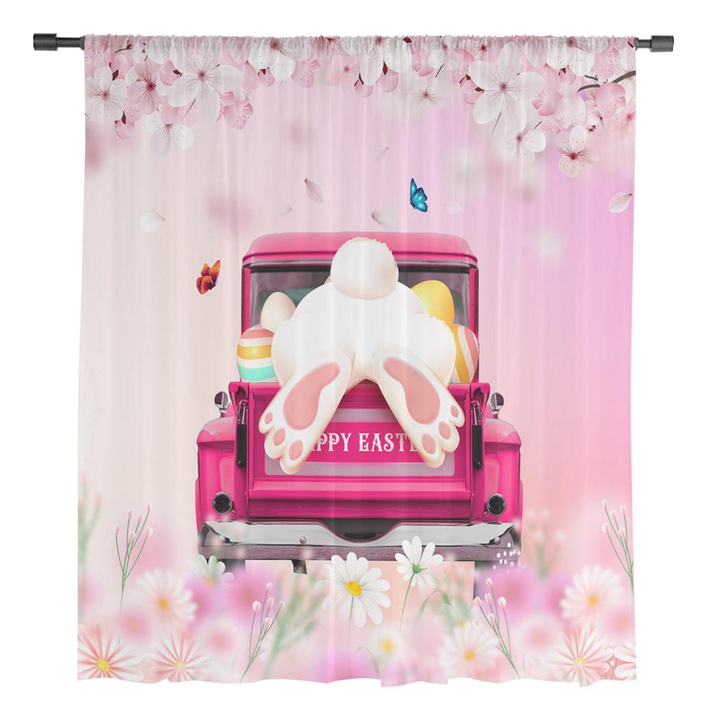 Easter Truck Bunny Cherry Blossom Butterfly Tulle Curtains For Living Room Kitchen Sheer Voile Curtain Bedroom Window Panels