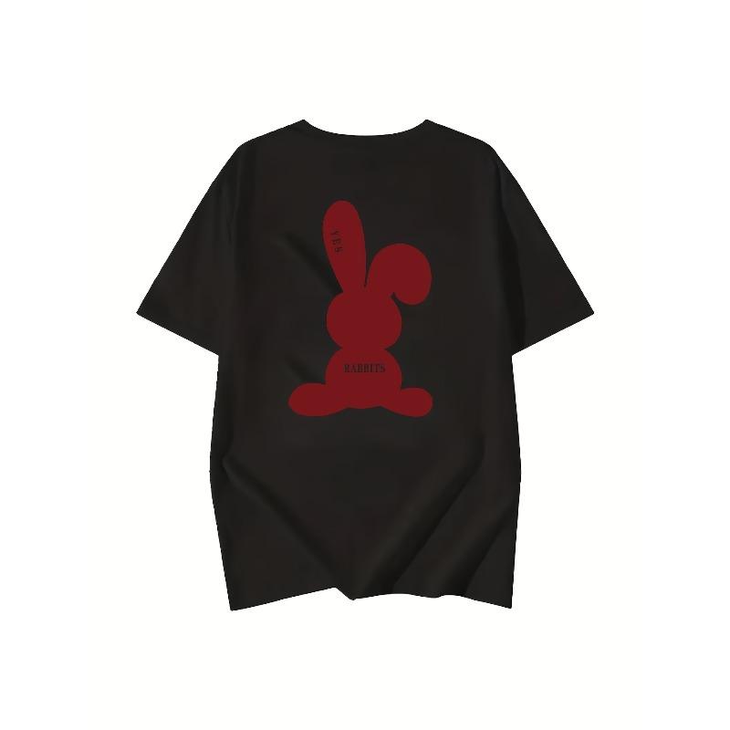 European sizes Red Rabbit Print Round Neck T-Shirt, Casual Short Sleeve Top for Spring And Summer, Women'S Clothing