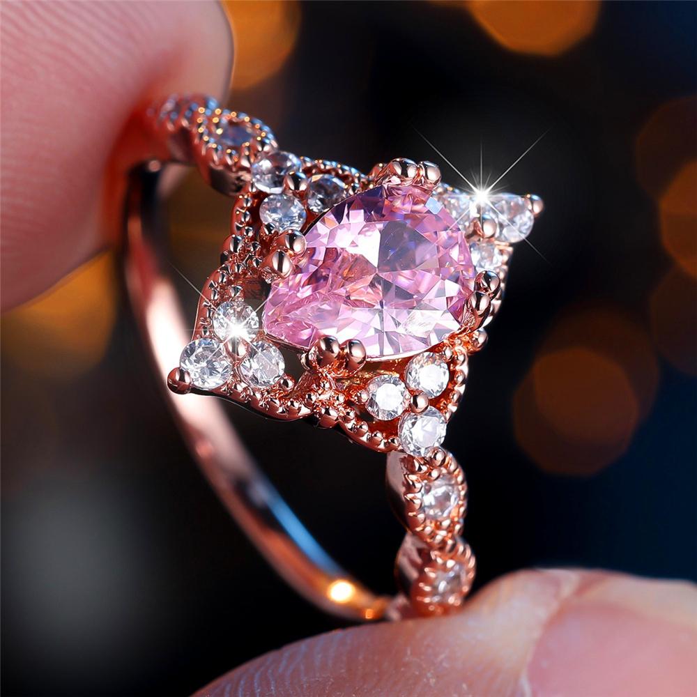 Trendy Pink Purpl Zircon Crystal Drop Stone Vintage CopperGold Color Wedding Bands Engagement Rings For Women Jewelry