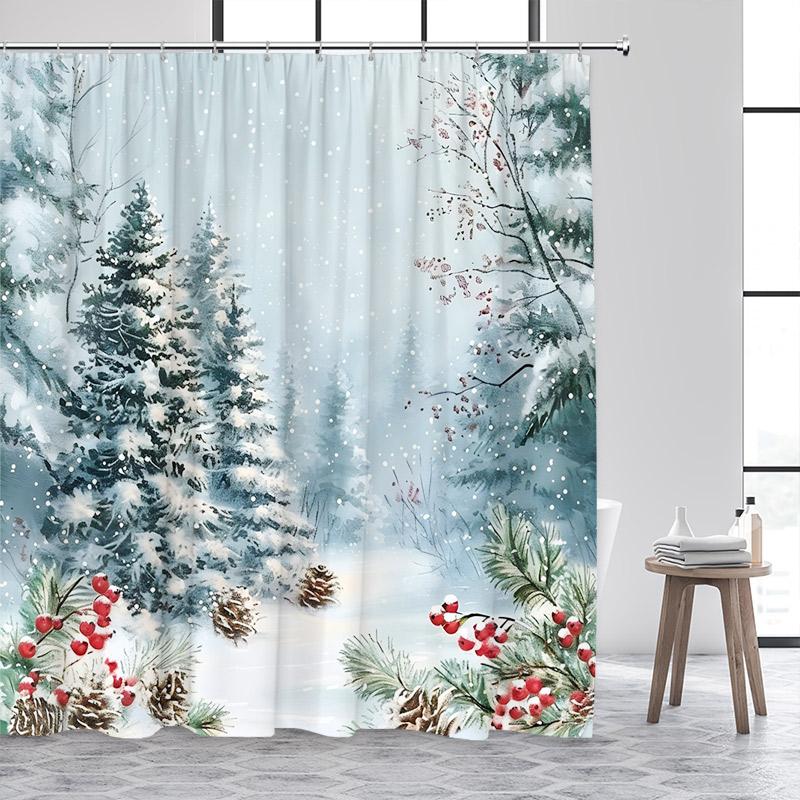 

Winter Forest Landscape Shower Curtains Cedar Red Berries Watercolour Art Snow Scenery Fabric Bathroom Curtain Decor With Hooks 90x180cm-35x70in
