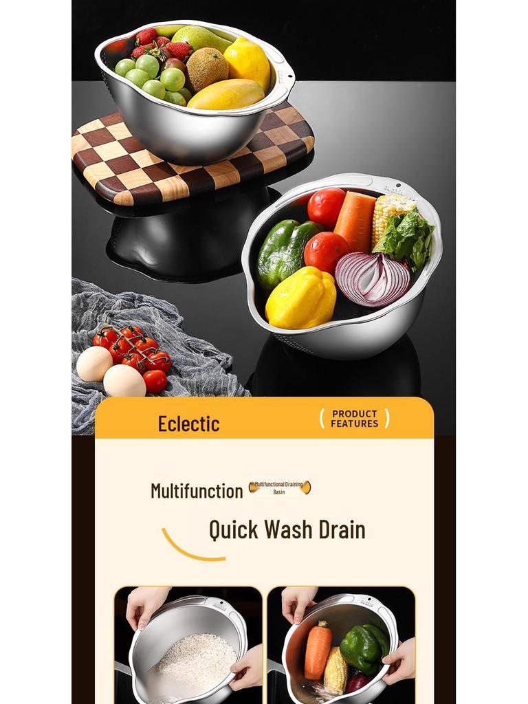 Coș de spălat orez și legume multifuncțional din oțel inoxidabil îngroșat cu scurgere