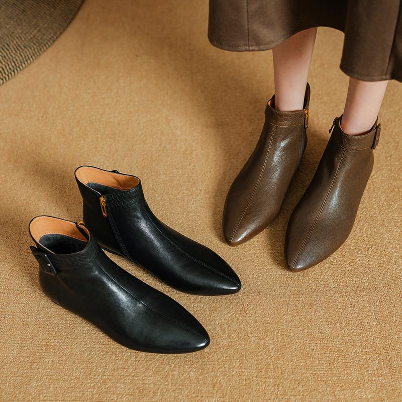 Fashion 2024 New Autumn Women Boots Fashion Chunky Heels Pointed Toe Short Boots Ankle Boots Retro Genuine Leather Ladies Shoes