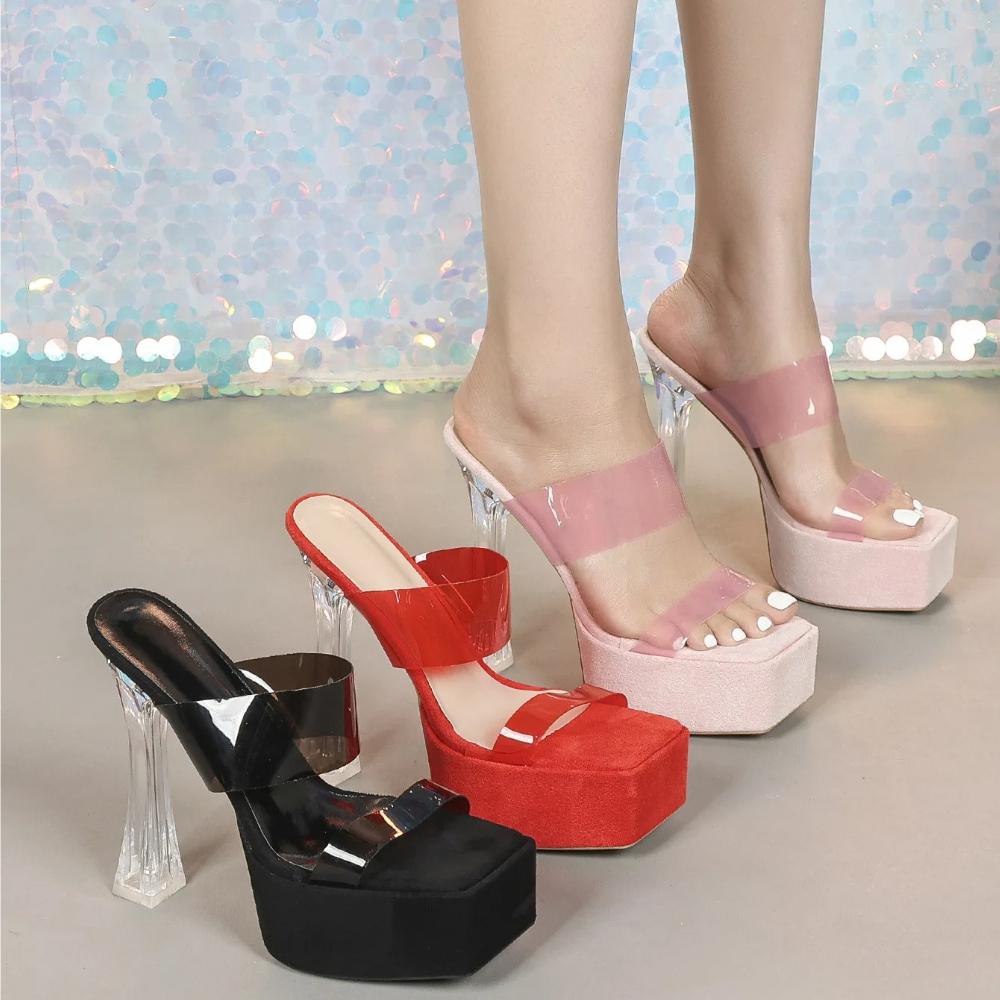 MCLUBGIRL  Summer Wear Crystal Cool Slippers Thick-soled Waterproof Table Transparent Word With High-heeled Sandals LFD-3640-5