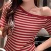 New Arrivals Open Run Women Slim FiT STripe Off Shoulder ShorT Sleeve Crop T